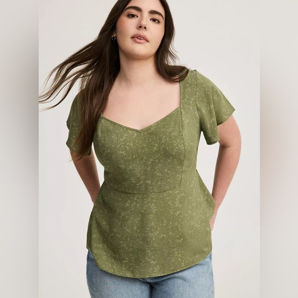 TORRID Peplum Challis Floral Olive Sweetheart Top Forest Fairy Whimsical 12 L - Picture 1 of 12